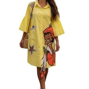 #A300  NANCY DOPAMINE DRESSING CARTOON-CORE OVERSIZED YELLOW SHIRT DRESS NWT L